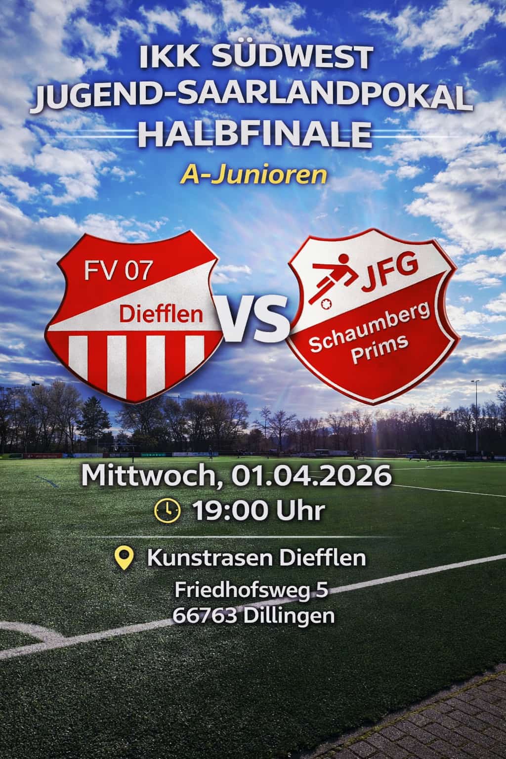 A-Junioren Halbfinale im IKK Südwest Saarlandpokal: FV 07 Diefflen gegen JFG Schaumberg-Prims in Diefflen