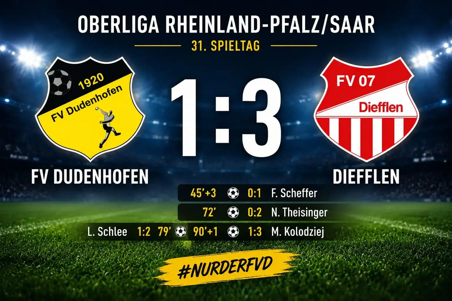 FV07 Diefflen gewinnt auswärts beim FV Dudenhofen mit 3:1 in der Oberliga Rheinland-Pfalz/Saar