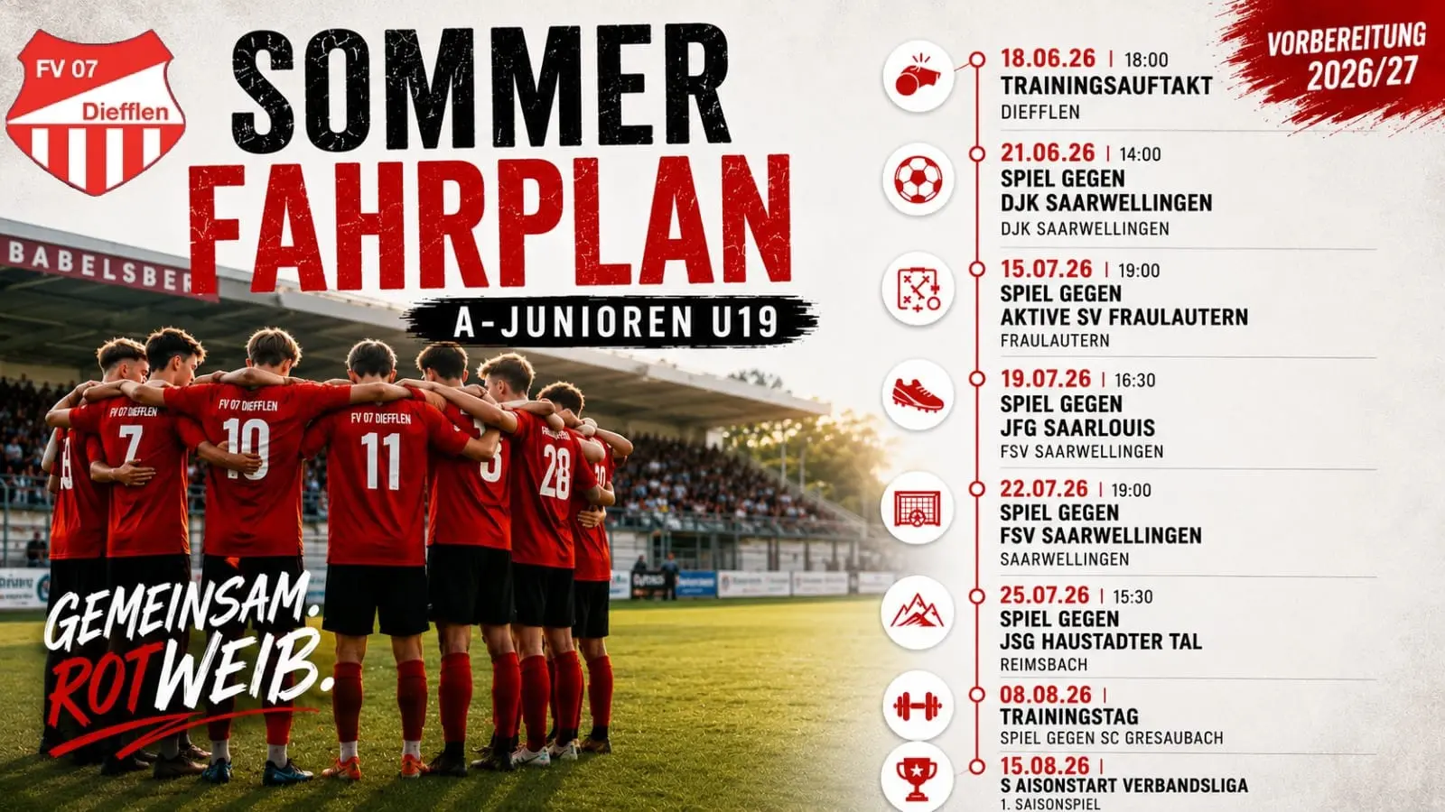 FV07 Diefflen A-Junioren Sommerfahrplan 2026/27 vor der Verbandsliga-Saison